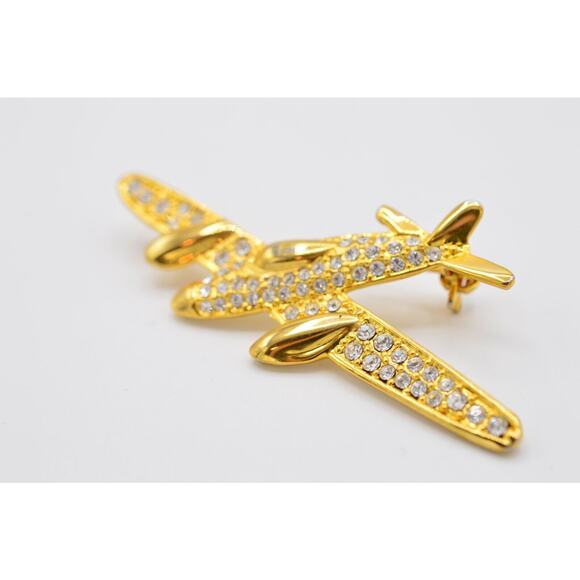 Crystal Airplane Pin Brooch Gold Pave Rhinestone Statement Vintage 1980s Bin1 - Picture 6 of 9